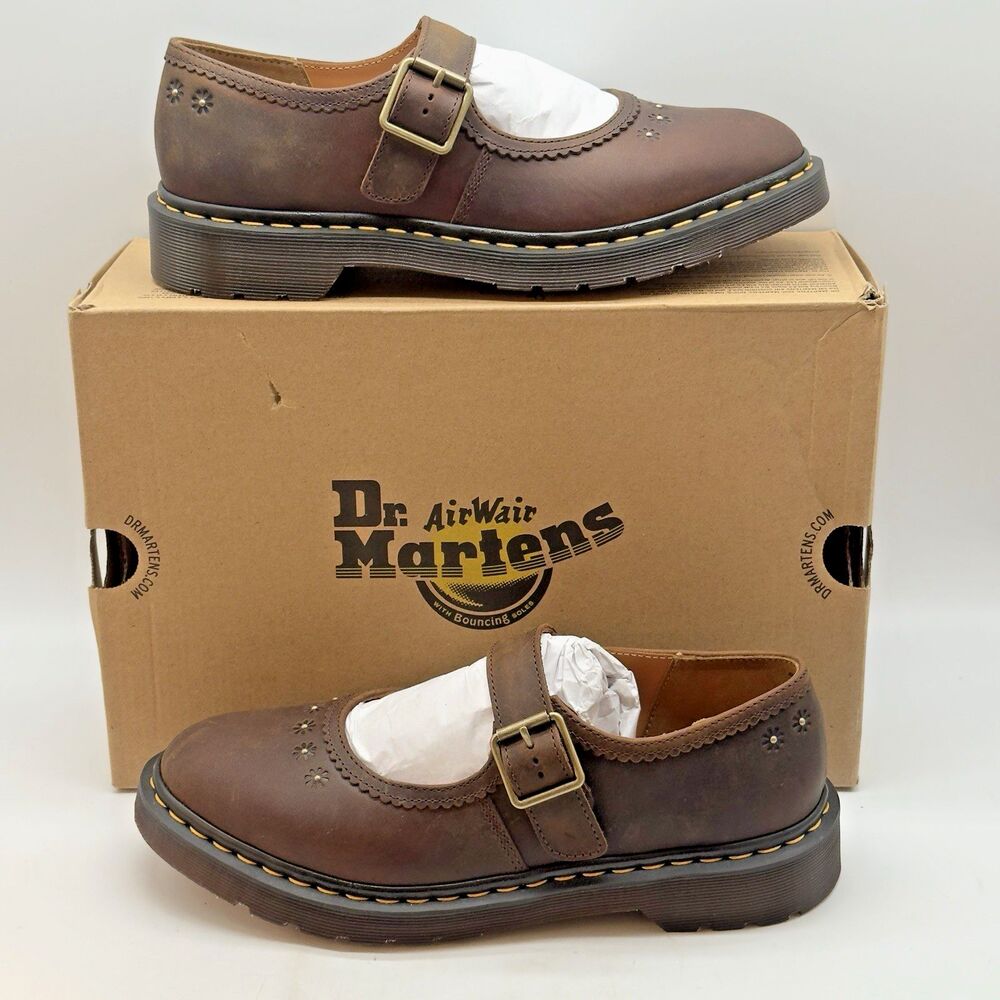 Dr Martens Flower Mary Jane Women's 10 Dark Brown Crazy Horse Leather 42391200